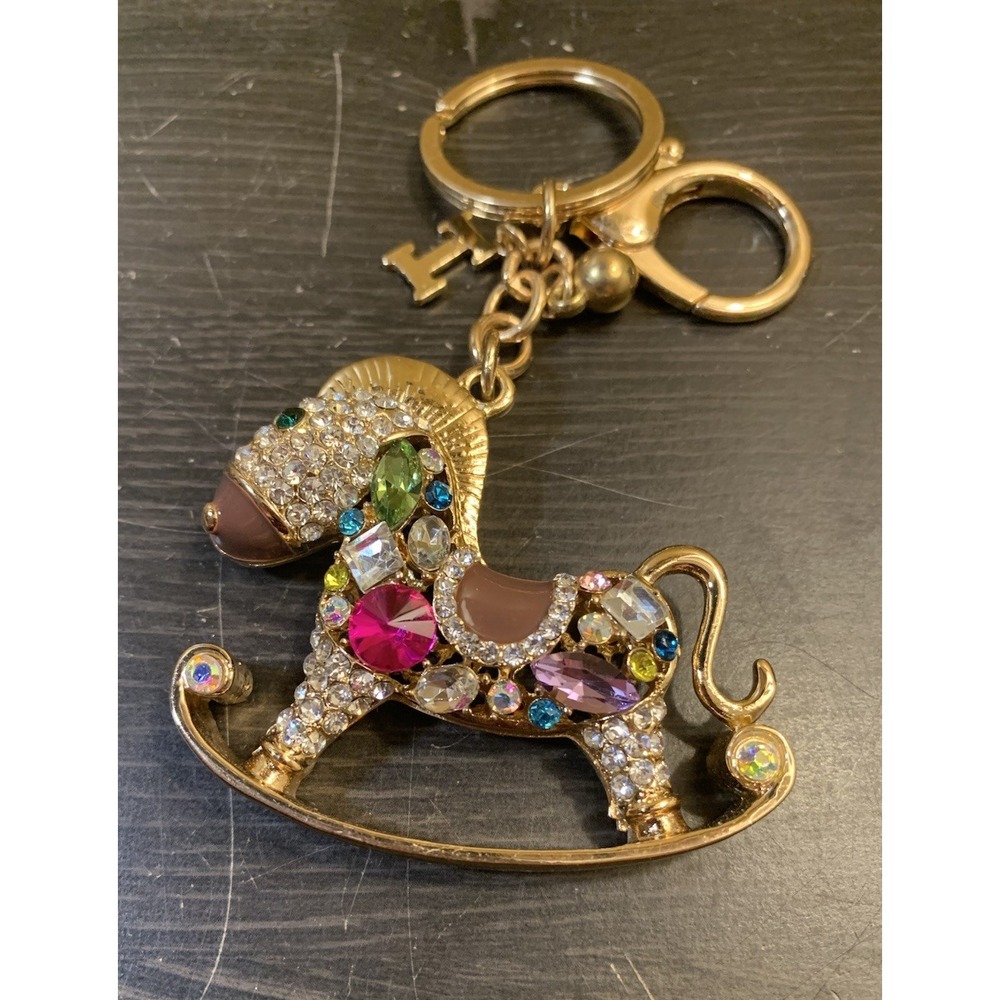 Gold Tone Rhinestone Rocking Horse Keychain Crystal Bag Charm Accessory - Picture 2 of 4